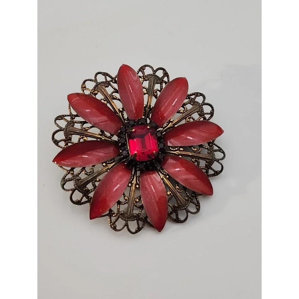 Vintage Signed‎ Liz Paiacios Red enamel rhinestone Flower Brooch Pin